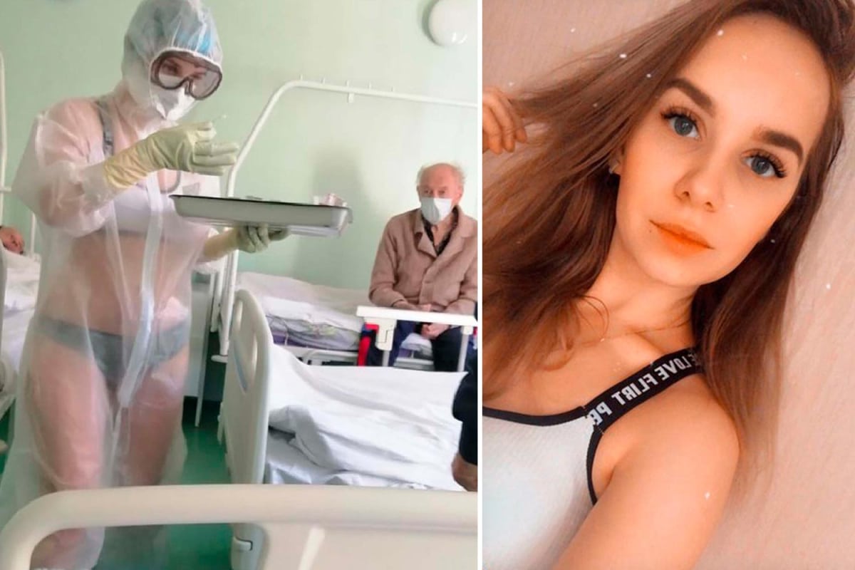 Enfermera rusa en bata transparente de coronavirus recibe contrato de modelado